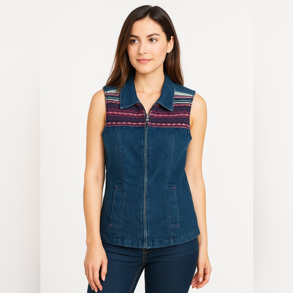 VINTAGE Denim Full Zip Vest with Colorful Western Knitted Accent, Women's Small